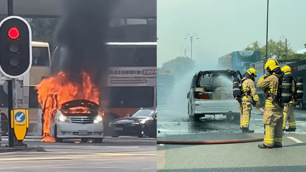 沙田私家車起火自焚 火勢猛烈濃煙席捲半空 司機及時跳車逃生