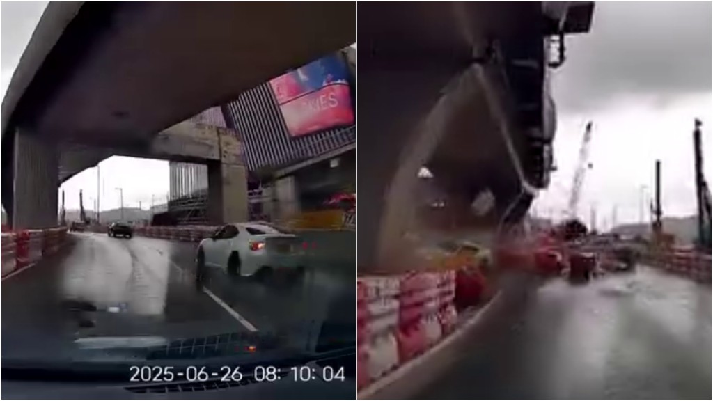 車Cam直擊｜機場私家車高速跣胎 撞飛水馬直撼地盤 職員不適送院 