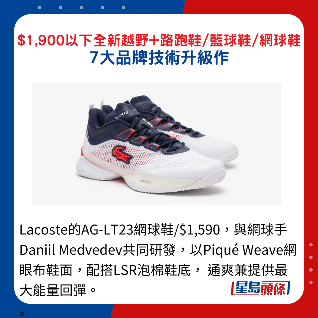 Lacoste的AG-LT23网球鞋/$1,590，与网球手Daniil Medvedev共同研发，以Piqué Weave网眼布鞋面，配搭LSR泡棉鞋底， 通爽兼提供最大能量回弹。 