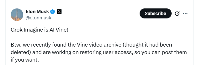 馬斯克在社交平台上將AI文字轉影生成器Grok Imagine,形容為「AI版的Vine」。 馬斯克在社交平台上將AI文字轉影生成器Grok Imagine,形容為「AI版的Vine」。