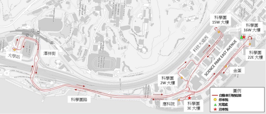 項目涉及兩輛以自動駕駛操作的小巴,途經科技大道東、科技大道西、科學園路、澤祥街及馬料水公共運輸交匯處。運輸署文件 項目涉及兩輛以自動駕駛操作的小巴,途經科技大道東、科技大道西、科學園路、澤祥街及馬料水公共運輸交匯處。運輸署文件