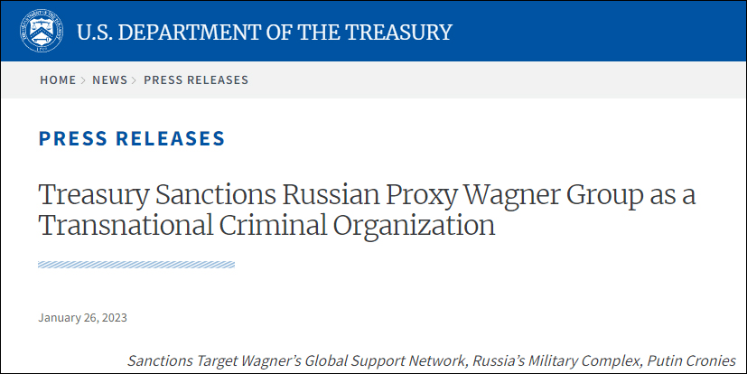 美國財政部將俄羅斯瓦格納集團認定為「跨國犯罪組織」予以制裁。