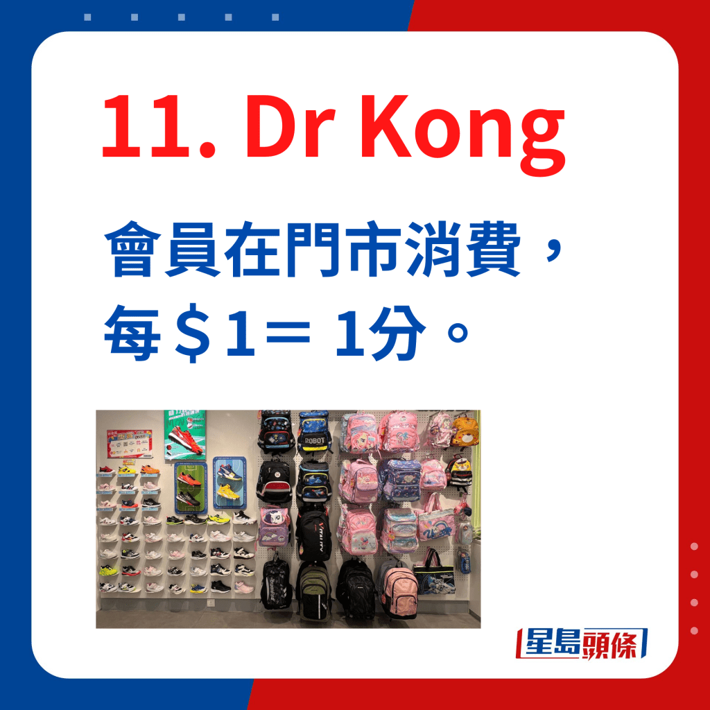 Dr Kong會員在門市消費，每＄1＝ 1分。