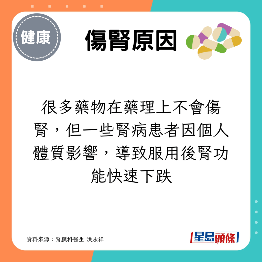 很多藥物在藥理上不會傷腎，但一些腎病患者因個人體質影響，導致服用後腎功能快速下跌