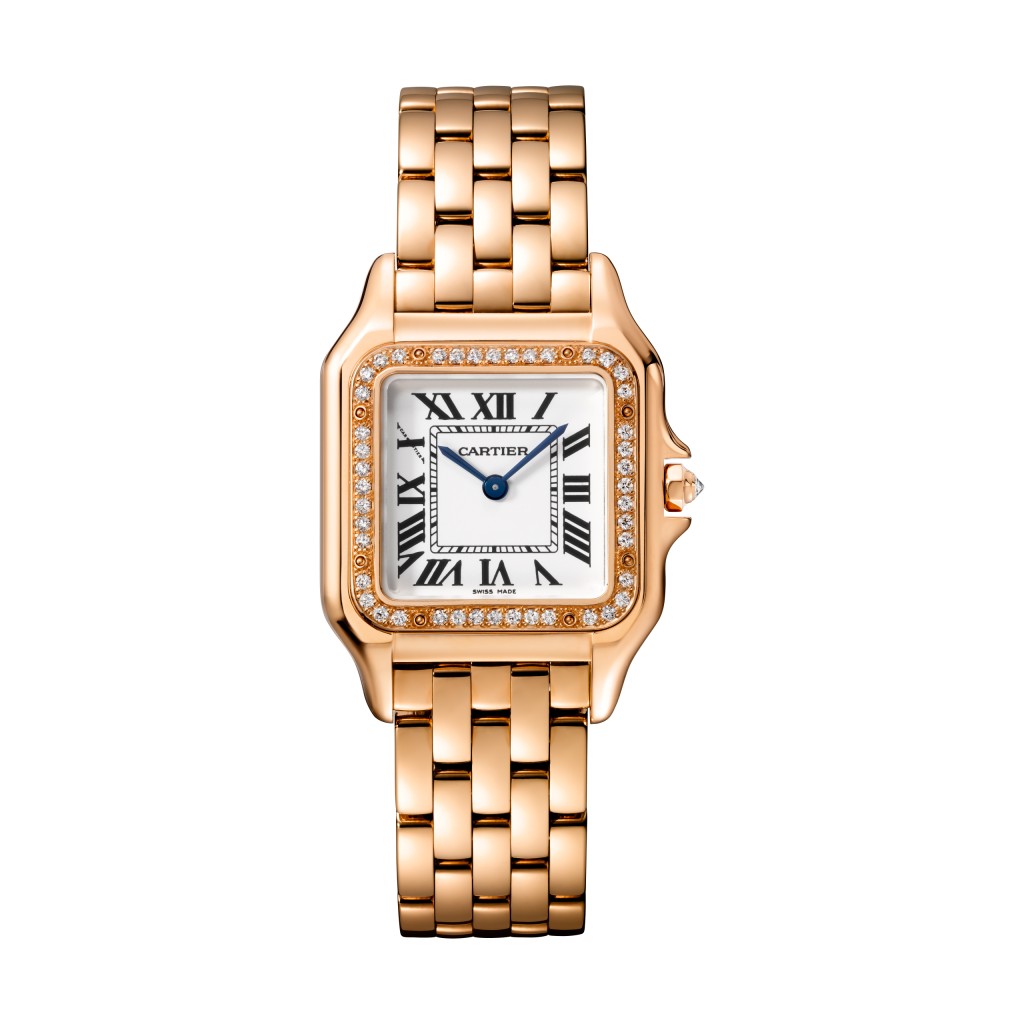 Panthère de Cartier腕表，中型款，玫瑰金材質，搭載石英機芯，表圈鑲嵌圓形明亮式切割鑽石，表冠鑲嵌一顆鑽石，配玫瑰金表鏈。（$235,000）
