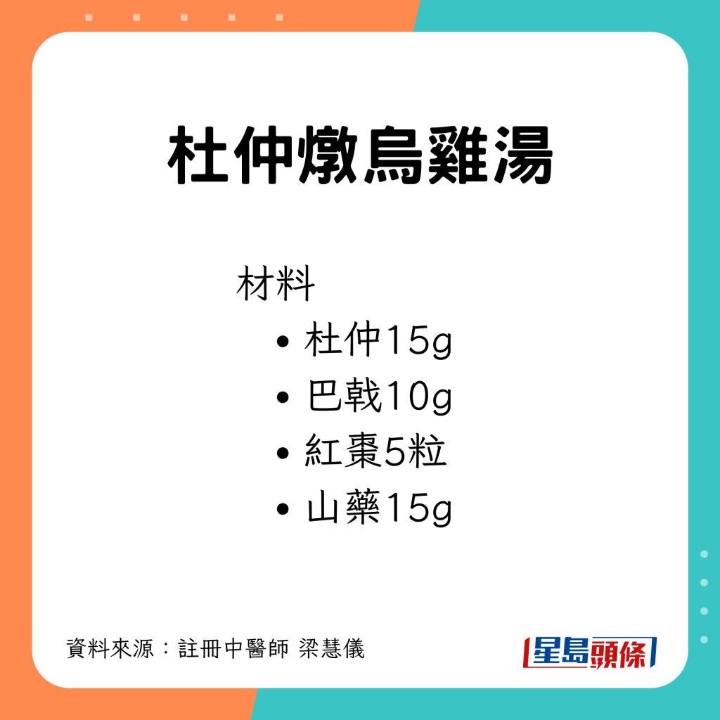 材料：杜仲、巴戟、紅棗、山藥