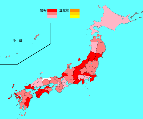 日本流感確診人數地圖 全國46道都府縣仍屬「警報」級別（截至1月29日）