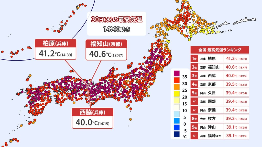 日本兵庫縣丹波市錄得41.2 ℃歷史高溫。 X@Ryuichi_Yonetsu