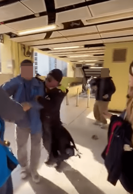 一名孭背囊的男子與身穿黑色外套的男子於港鐵東鐵綫上水站外發生爭執，其間二人更出拳互毆。
