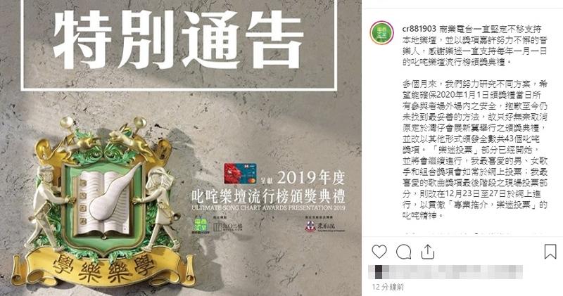 今年1月的《2019年度叱咤樂壇流行榜頒獎典禮》實體頒獎因社會因素取消，改為直播上門頒獎。