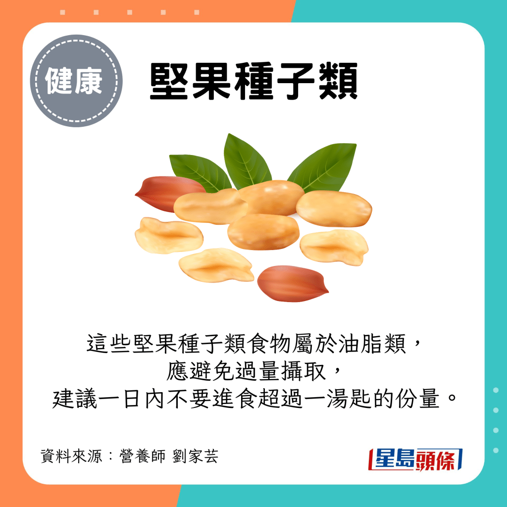 坚果种子类食物属于油脂类，应避免过量摄取，建议一日内不要进食超过一汤匙的份量。