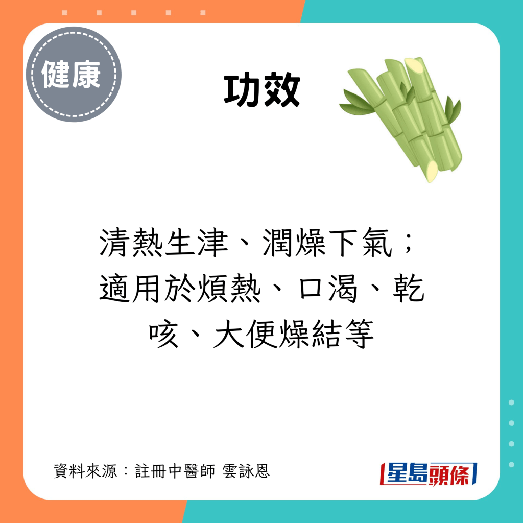 白露節氣養生食物｜功效：清熱生津、潤燥下氣；適用於煩熱、口渴、乾咳、大便燥結等