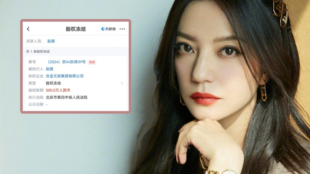 趙薇名下再有股權被凍結,涉金額500萬元。