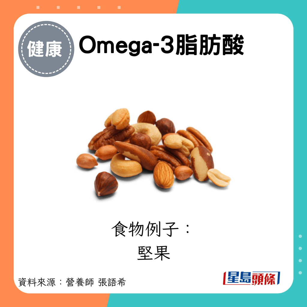 Omega-3脂肪酸：食物例子： 坚果