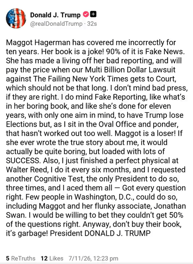 特朗普稱自己身心健康,同時指出紐約記者都不如他。TrumpTruthOnX@X 特朗普稱自己身心健康,同時指出紐約記者都不如他。TrumpTruthOnX@X