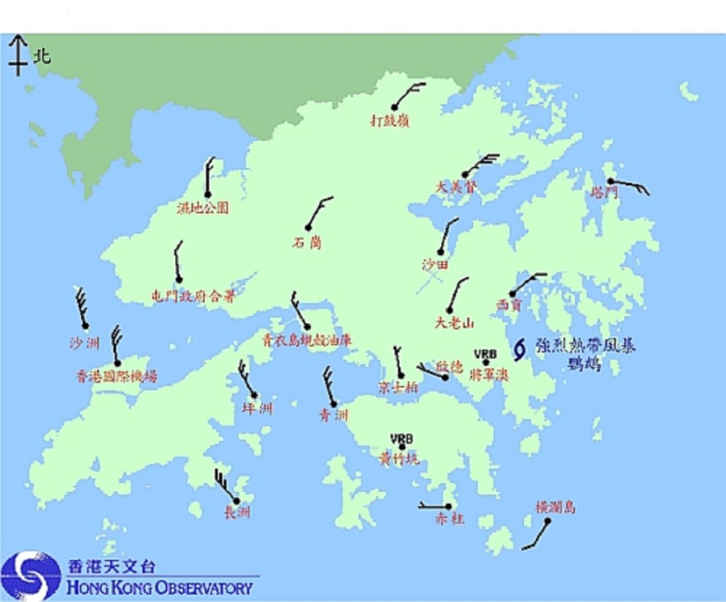 2008年8月22日下午4時40分鸚鵡登陸香港各區風向及風力分佈圖。天文台