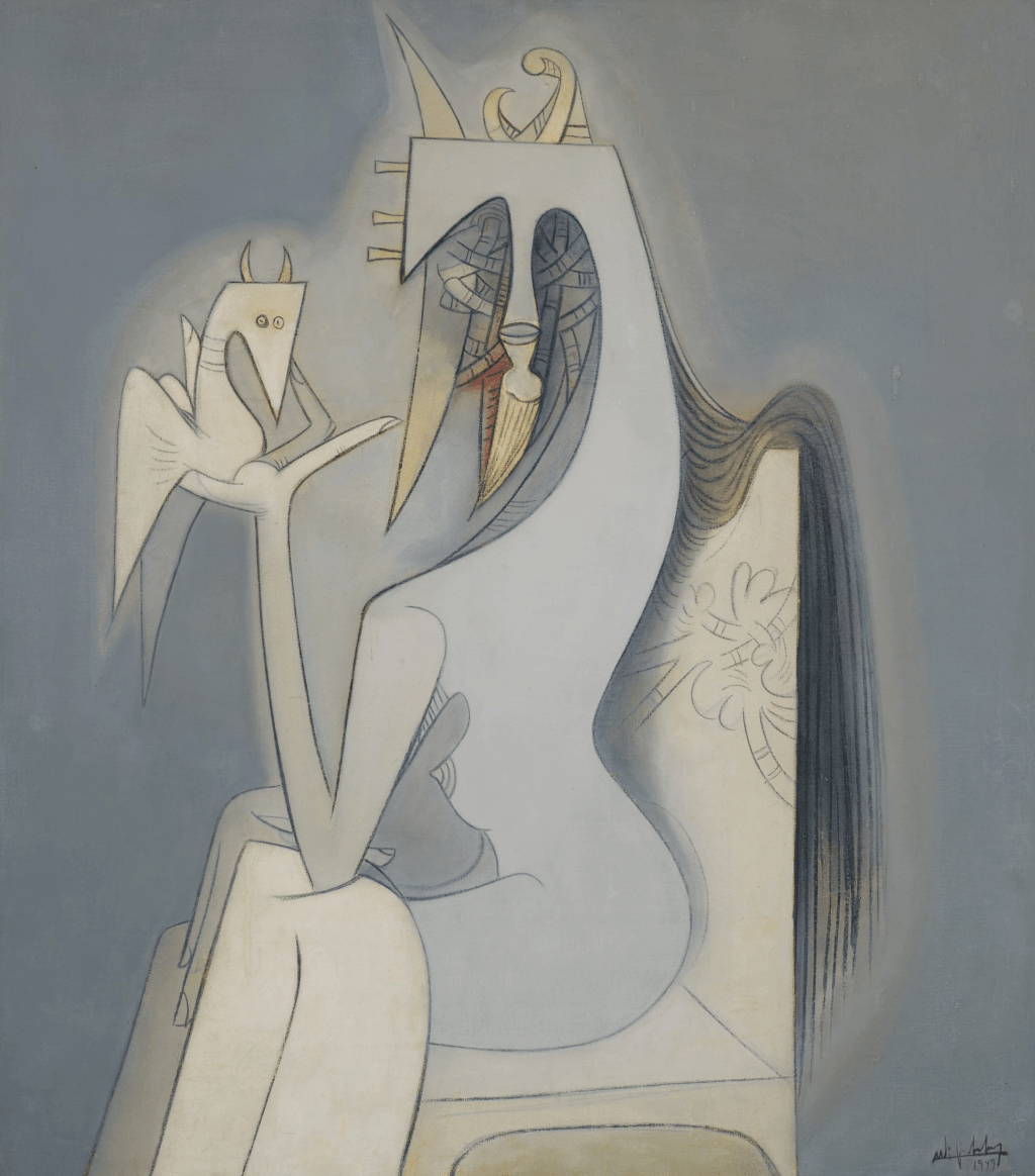 林飛龍 《女子與鳥》 1949 年 油彩布本 由幸佳借出 © Wifredo Lam / ADAGP, Paris – SACK, Seoul, 2025 圖片:© 2025 Sotheby's