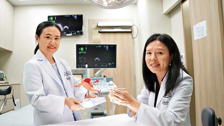 翁淑菲（左） 及麥思敏（右） 醫生示範把胚胎植入母體  