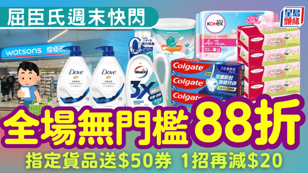 屈臣氏週末快閃優惠！全場無門檻88折 指定貨品送$50券 1招再減$20