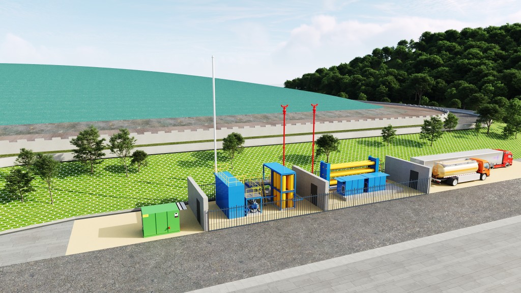全港首個以生物沼氣生產「綠氫」項目於新界東南堆填區擴建部分設置 生產廠房，預計明年投產，上圖貨櫃位置將興建產氫設施。