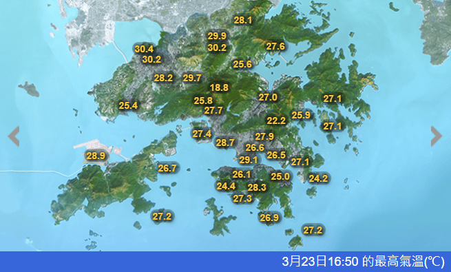 本港今日（23日）下午天氣炎熱，天文台錄得最高氣溫29.1°C。天文台擷圖