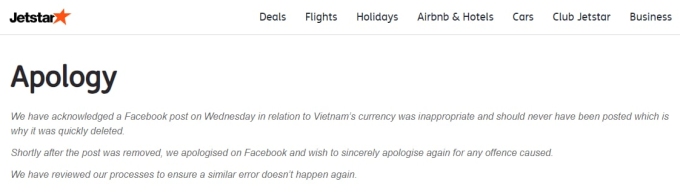 澳洲廉航Jetstar用越南货币开玩笑，结果要删文道歉。