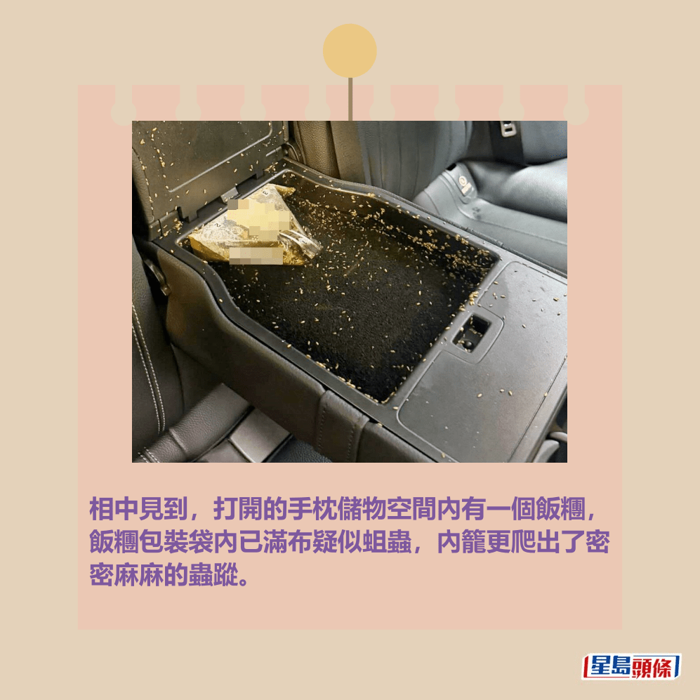 相中見到,打開的手枕儲物空間內有一個飯糰, 飯糰包裝袋內已滿布疑似蛆蟲,內籠更爬出了密 密麻麻的蟲蹤。Threads截圖 相中見到,打開的手枕儲物空間內有一個飯糰, 飯糰包裝袋內已滿布疑似蛆蟲,內籠更爬出了密 密麻麻的蟲蹤。Threads截圖