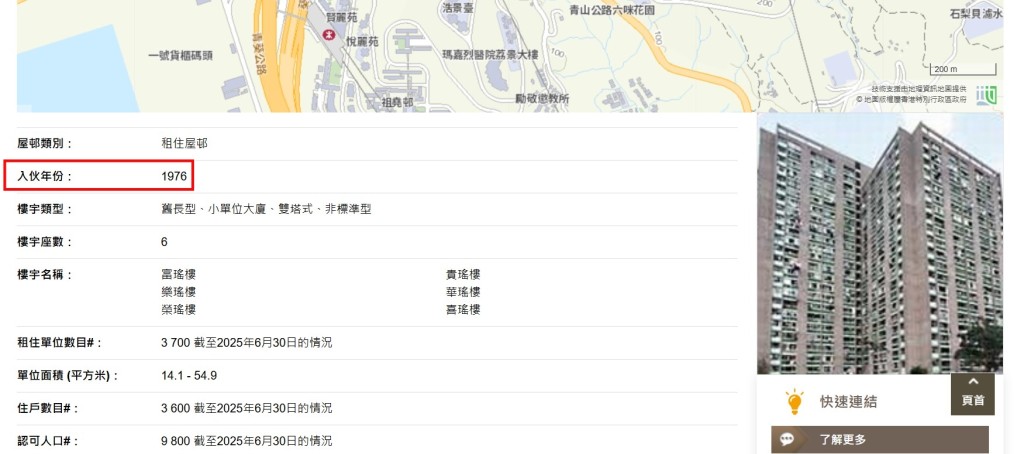 麗瑤邨(房署資料顯示,麗瑤邨的入伙年份是1976年)。房署網頁截圖 麗瑤邨(房署資料顯示,麗瑤邨的入伙年份是1976年)。房署網頁截圖