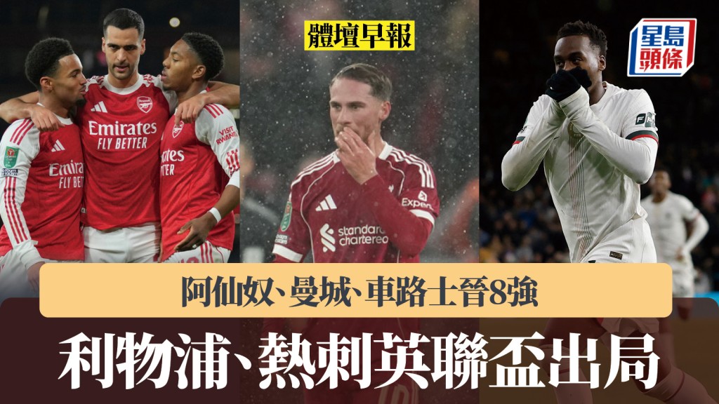 體壇早報|英聯盃利物浦、熱刺出局 阿仙奴、曼城、車路士晉8強 意甲祖雲達斯重返勝軌。美聯社、路透社