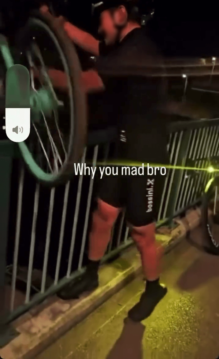 男子其後再將單車舉過欄杆抛棄。