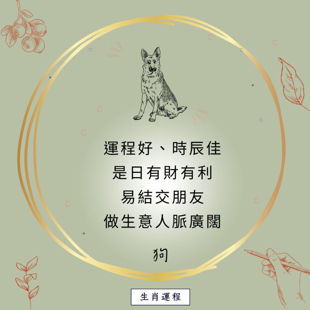 狗：運程好、時辰佳，是日有財有利，易結交朋友，做生意人脈廣闊。