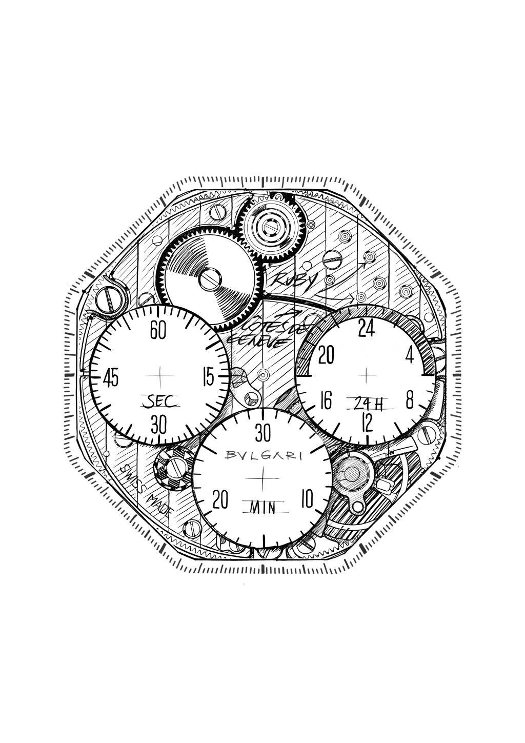 Octo Finissimo Chrongraph GMT版本則繪畫了3個計時小盤的刻度，保留腕錶計時功能的清晰度。