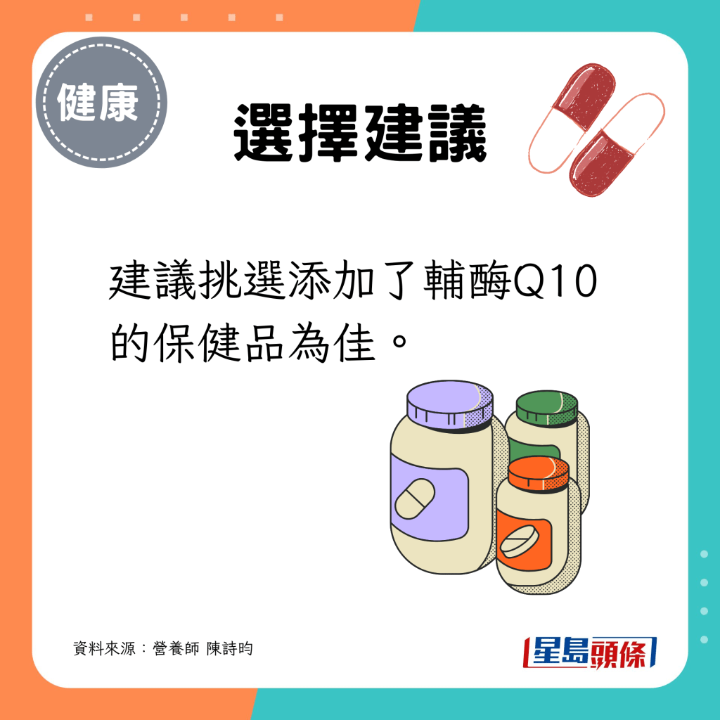 建议挑选添加了辅酶Q10的红麴保健品为佳。