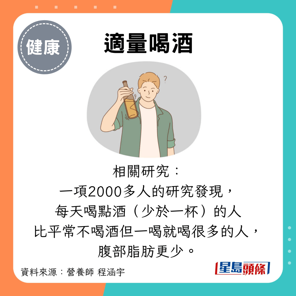 适量喝酒：相关研究： 一项2000多人的研究发现， 每天喝点酒（少于一杯）的人 比平常不喝酒但一喝就喝很多的人， 腹部脂肪更少。