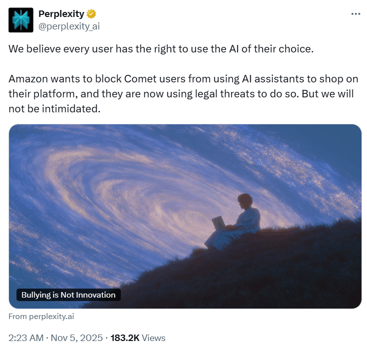 Perplexity在官網發布一篇題為《霸凌不是創新》的帖文反擊亞馬遜。