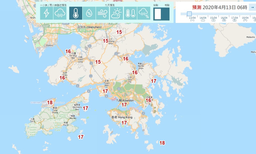 天文台自動分區天氣預報，清晨6時，新界的氣溫普遍已經回升至15至17度。