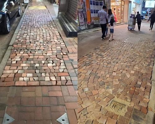 尖沙嘴行人路磚碎補路,不規則鋪法被讚有歐陸風。fb「喜劇演員」及Kit Tam圖片