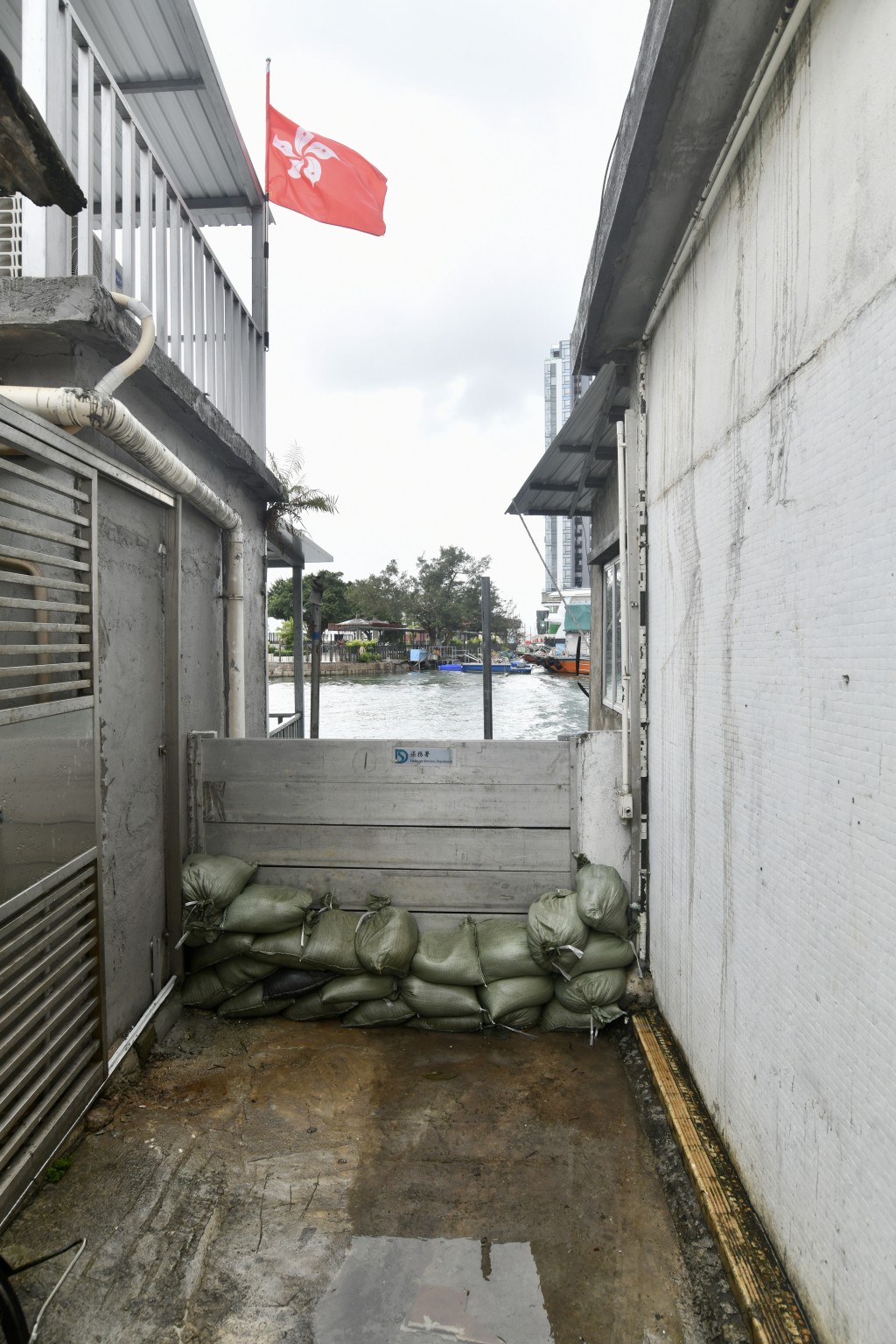 台风泰利：在鲤鱼门三家村居民已围起沙包防水浸。（卢江球摄）