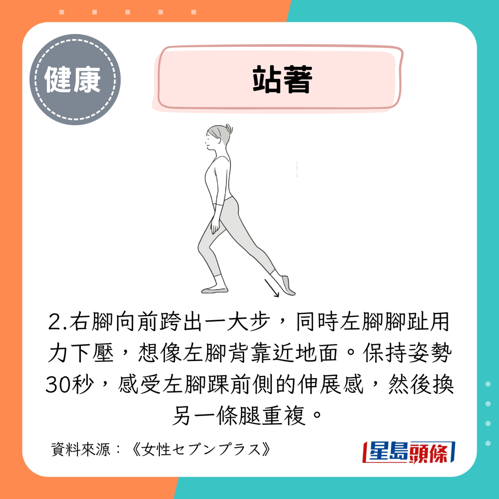 右腳向前跨出一大步,同時左腳腳趾用力下壓,想像左腳背靠近地面。保持姿勢30秒,感受左腳踝前側的伸展感,然後換另一條腿重複。 右腳向前跨出一大步,同時左腳腳趾用力下壓,想像左腳背靠近地面。保持姿勢30秒,感受左腳踝前側的伸展感,然後換另一條腿重複。