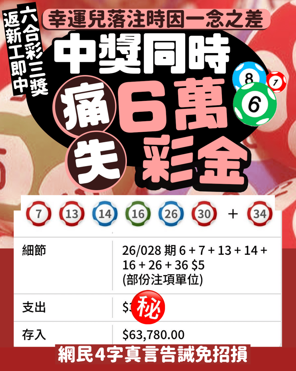 返新工即中六合彩三奖 幸运儿落注时因一念之差 中奖同时痛失6万彩金 网民4字真言告诫免招损｜Juicy叮