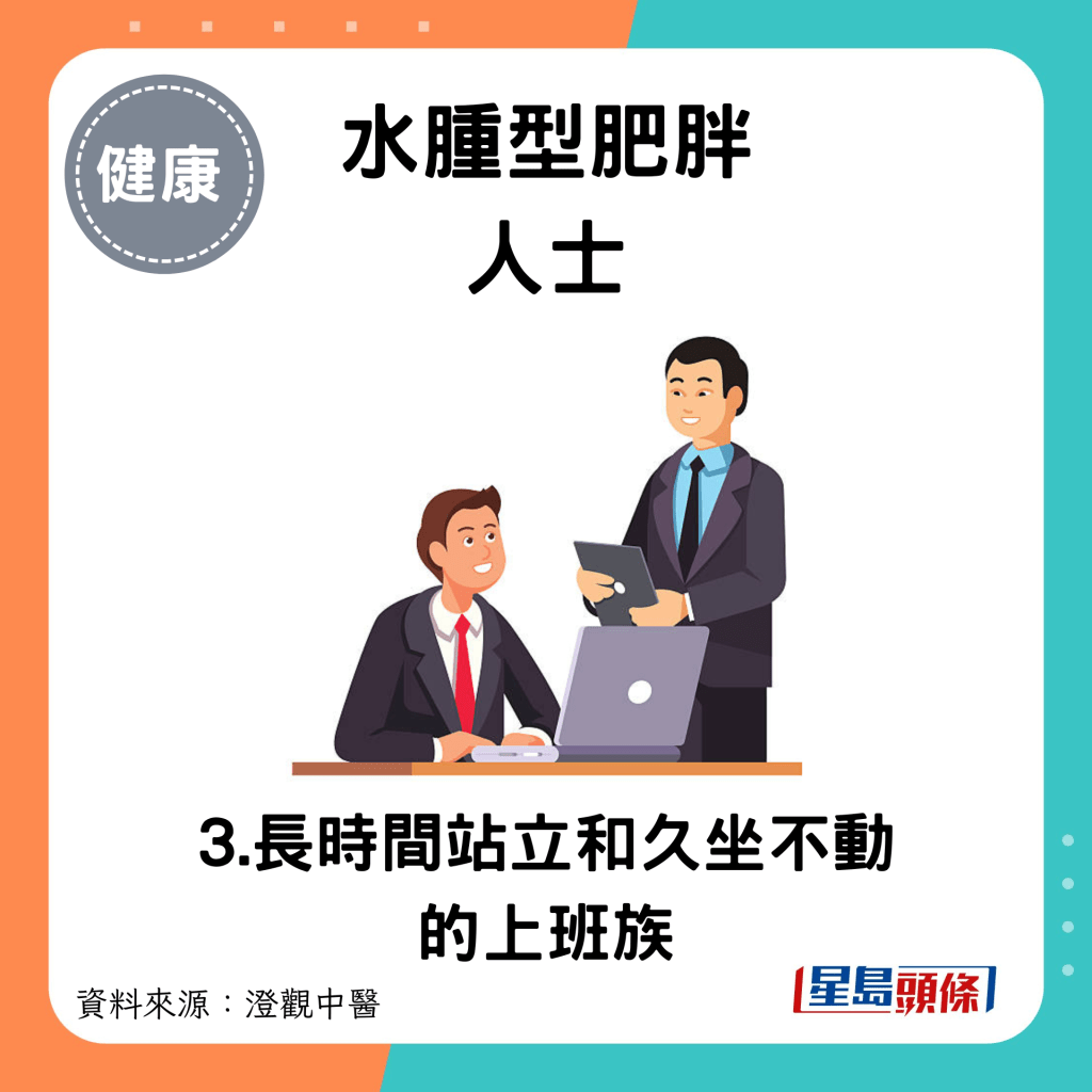 水肿型肥胖人士：3.长时间站立和久坐不动的上班族