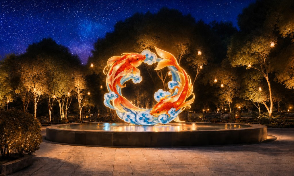 魚躍龍門:以一雙於水中躍動的鯉魚,勾勒優美弧線交匯成圓,象徵圓滿吉祥,鯉躍龍門,福運連綿不絕。(地點:維園噴水池廣場) 魚躍龍門:以一雙於水中躍動的鯉魚,勾勒優美弧線交匯成圓,象徵圓滿吉祥,鯉躍龍門,福運連綿不絕。(地點:維園噴水池廣場)