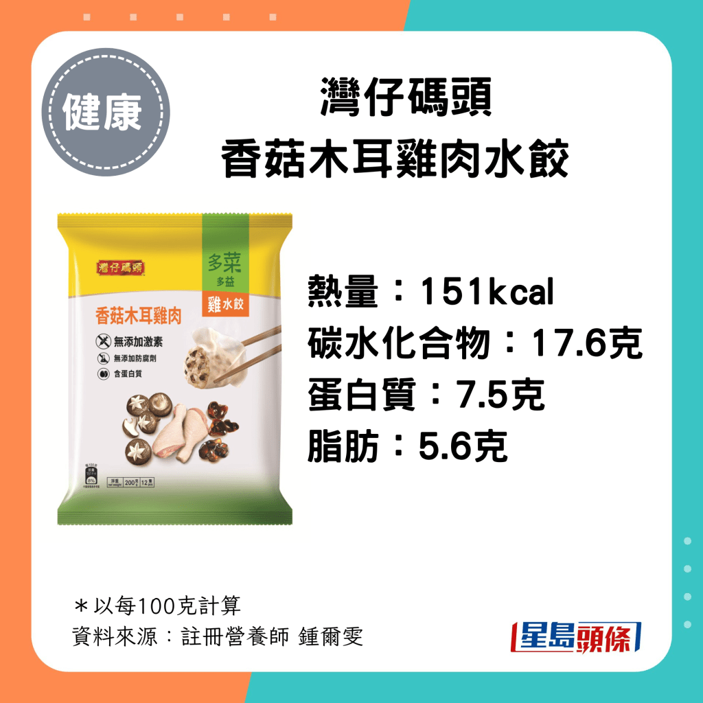 湾仔码头香菇木耳鸡肉水饺  热量：151kcal