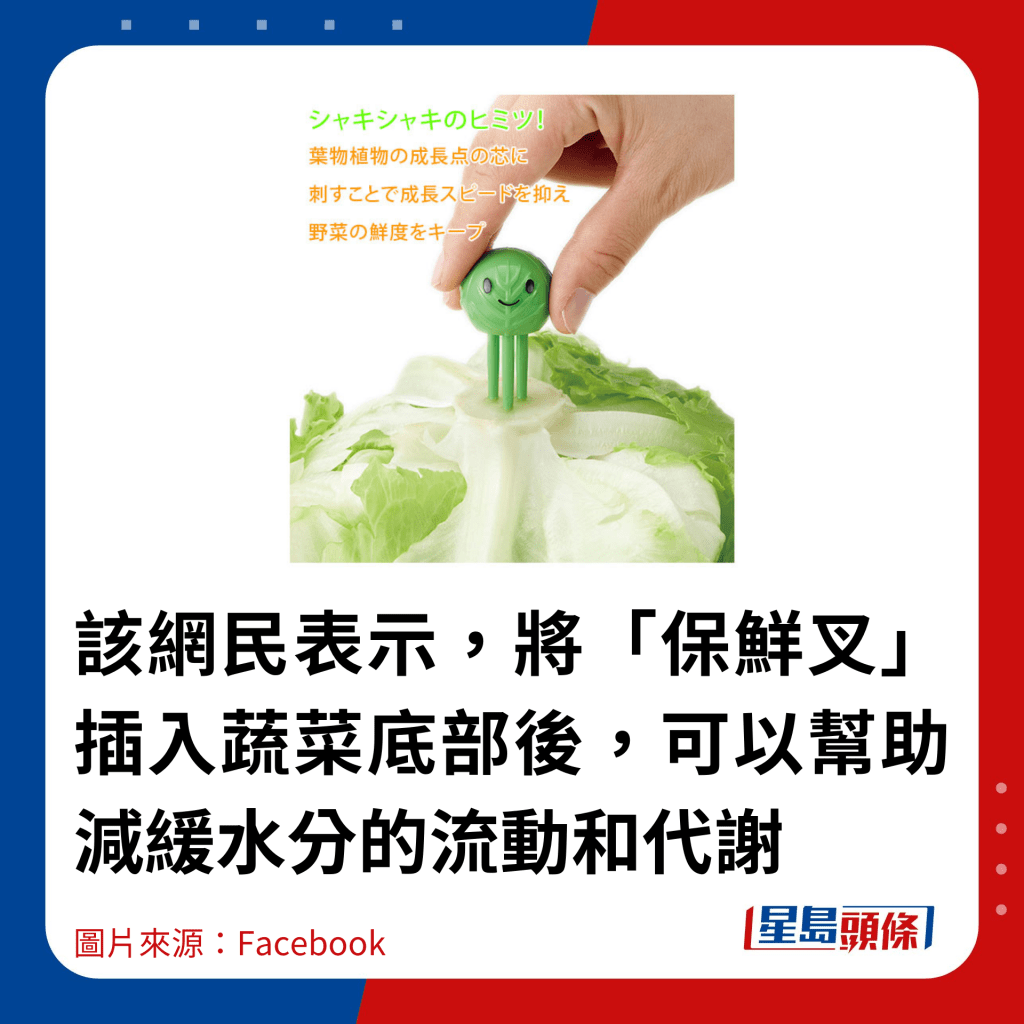 该网民表示，将「保鲜叉」插入蔬菜底部后，可以帮助减缓水分的流动和代谢