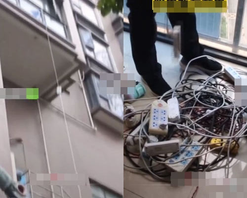 男子由大廈的9樓，接駁15個拖板到地面。網圖