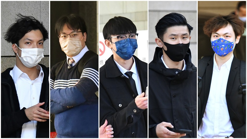 理大示威事件中的五名被告(左至右)余柏鏗、李永賢、陳卓男、翟耀瑋、施銘洋。