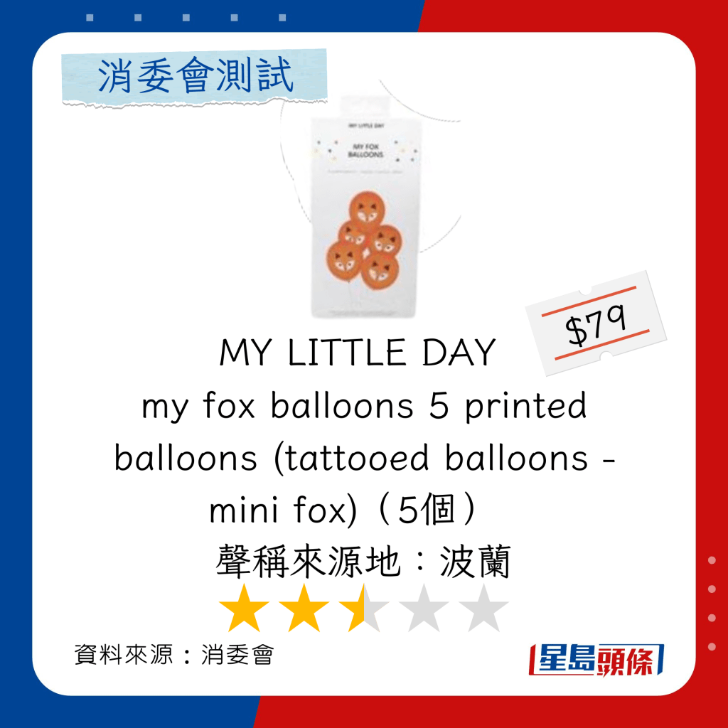 消委会乳胶气球推介｜总评分2.5星：my little day my fox balloons 5 printed balloons (tattooed balloons - mini fox)（5个） 