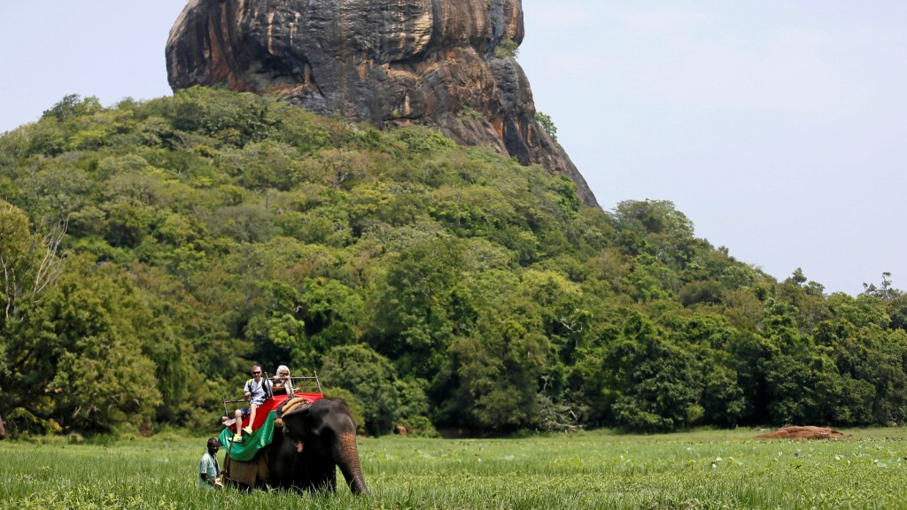 遊客在錫吉里耶（Sigiriya）獅子岩下乘坐大象遊覽。 路透社