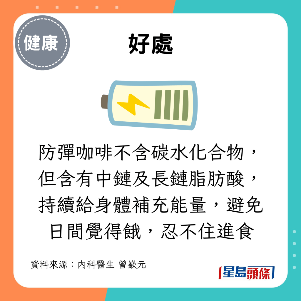 防彈咖啡不含碳水化合物，但含有中鏈及長鏈脂肪酸，持續給身體補充能量，避免日間覺得餓，忍不住進食