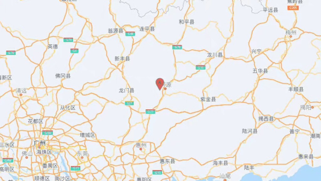 地震發生東河源市源城區附近。圖：中國地震台網
